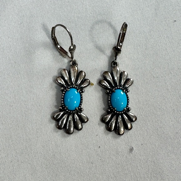 American West Jewelry - American West Sterling Silver 925 Kingman Turquoise Fan Design Dangle Earrings